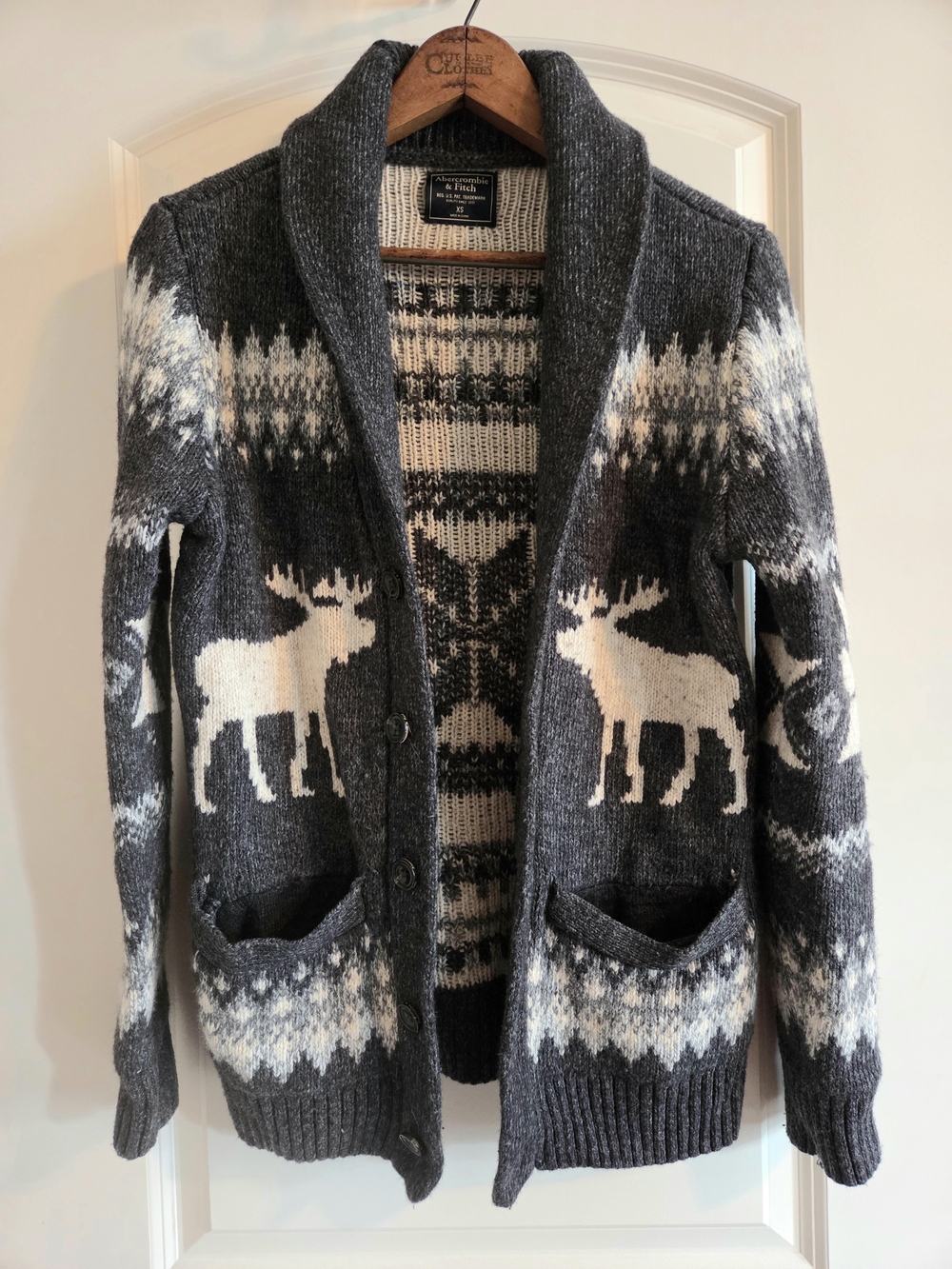 Vtg Abercrombie & Fitch Moose Shawl Collar Cardigan Sweater Gray Chunky Knit XS